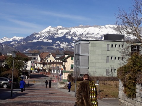Moorgeischd auf der Straße in Schaan mit verschneiten Bergen, 2019