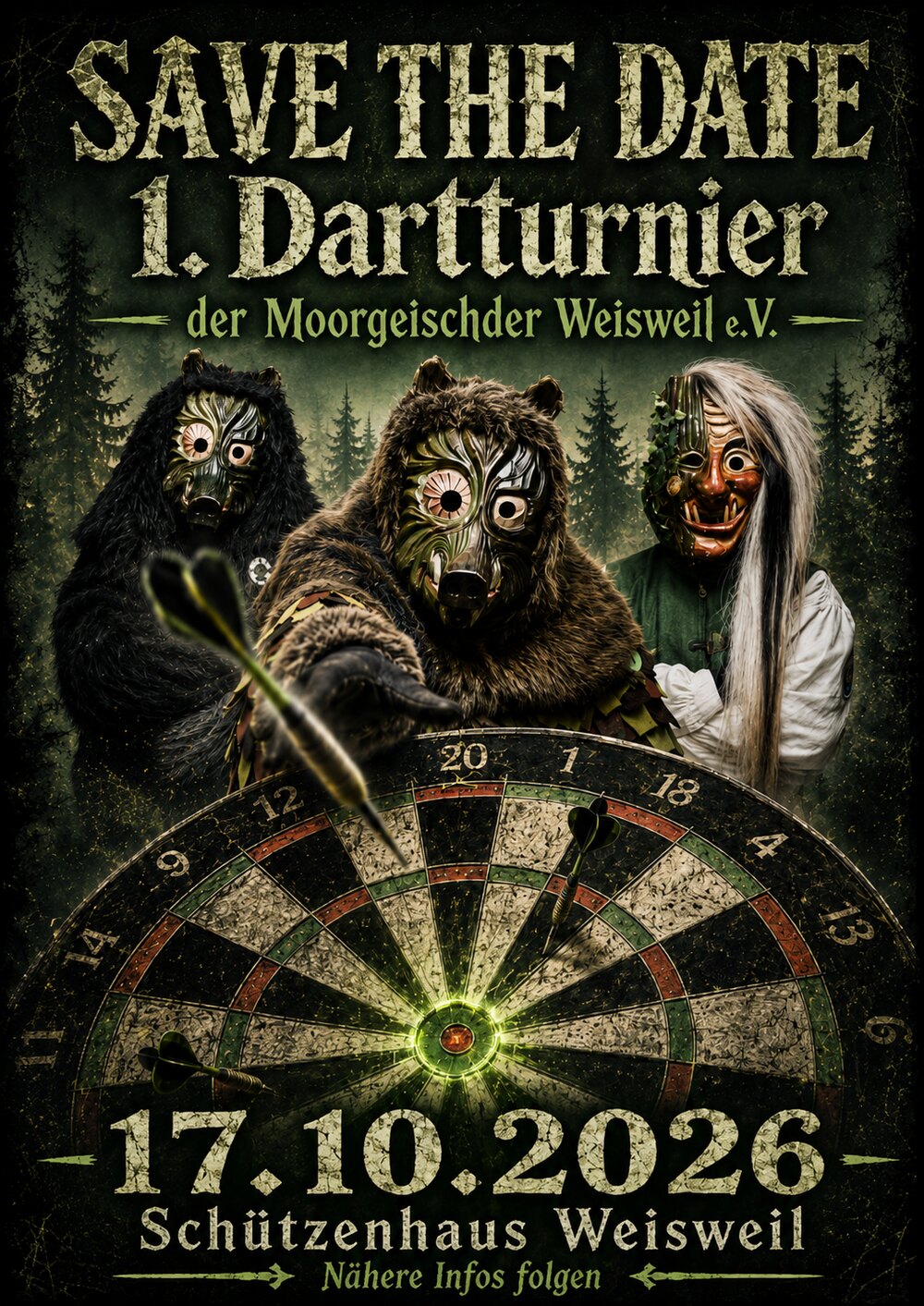 Save-the-Date-Flyer: 1. Dartturnier der Moorgeischder am 17.10.2026