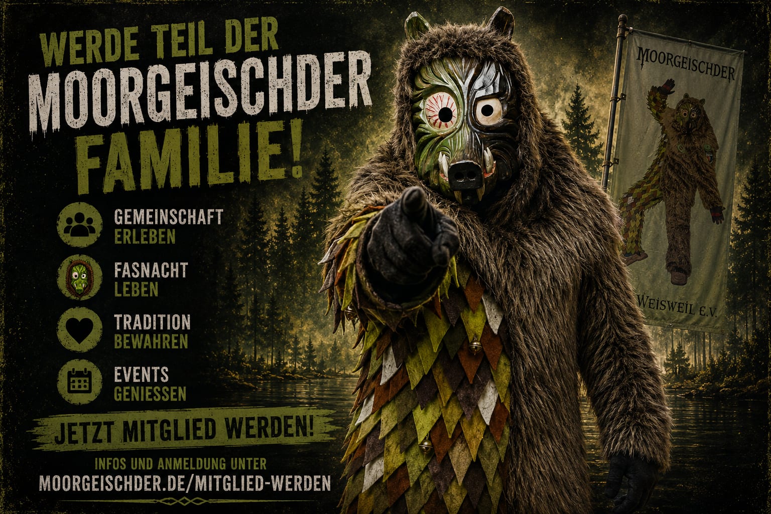 Werde Teil der Moorgeischder Familie! Gemeinschaft erleben, Fasnacht
leben, Tradition bewahren, Events genießen. Jetzt Mitglied werden.