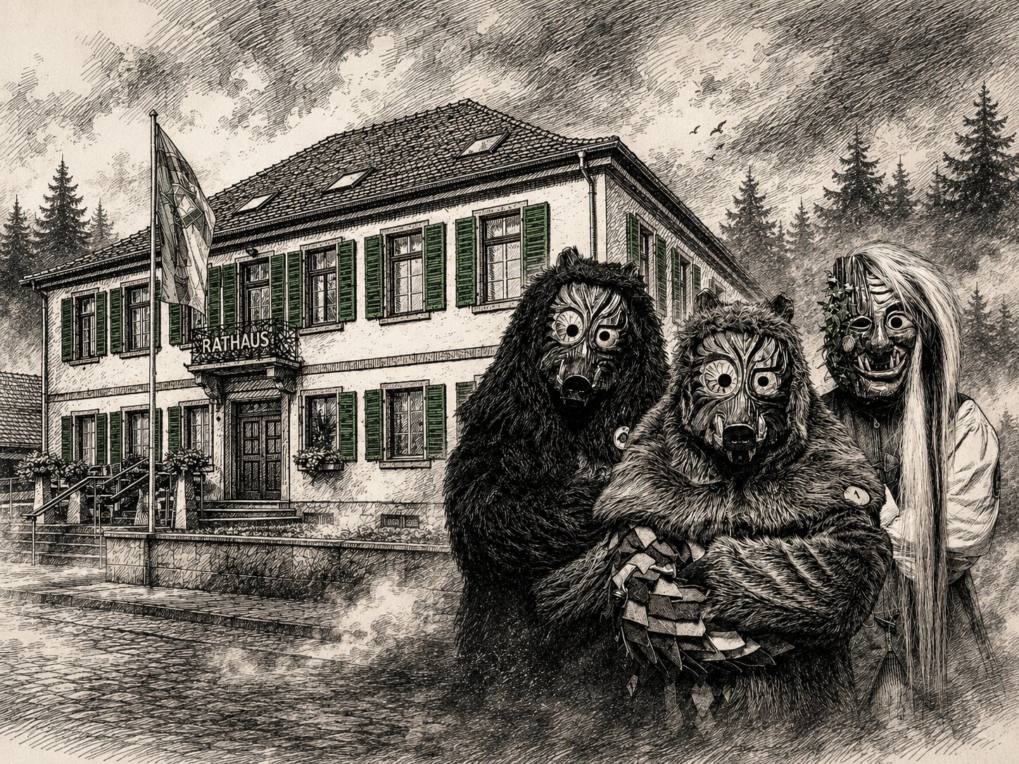 Illustration: Rathaus Weisweil mit den Moorgeischder-Narren